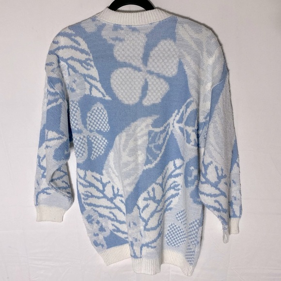 Vintage Blue White Leaf Print Jacquard Button Up Cardigan M - Picture 2 of 14